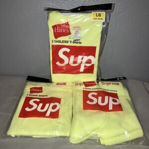 Supreme Sealed Hanes L Tees / S Briefs 2 Pack + Socks 4 Pack Fluorescent Yellow